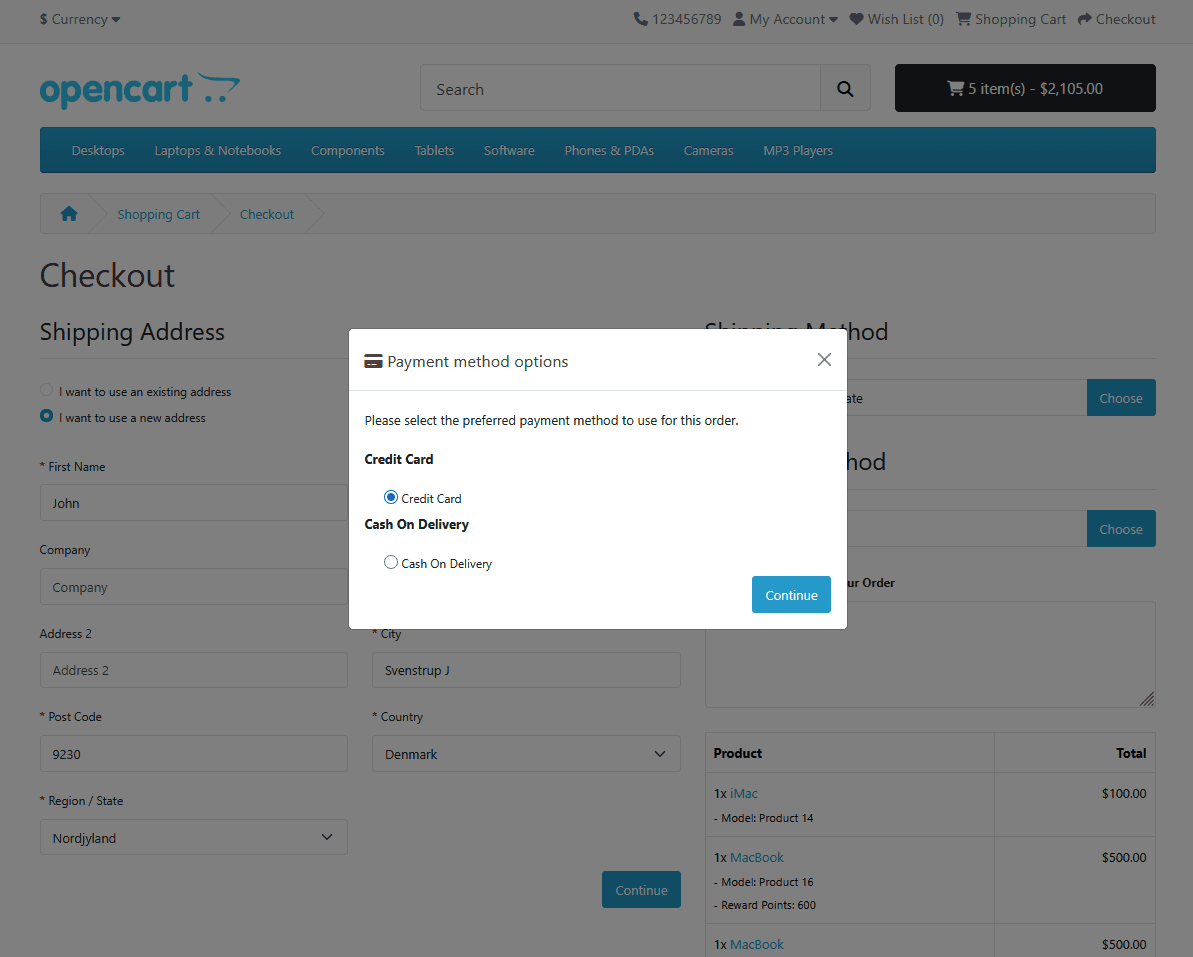 OpenCart checkout before selecting payment