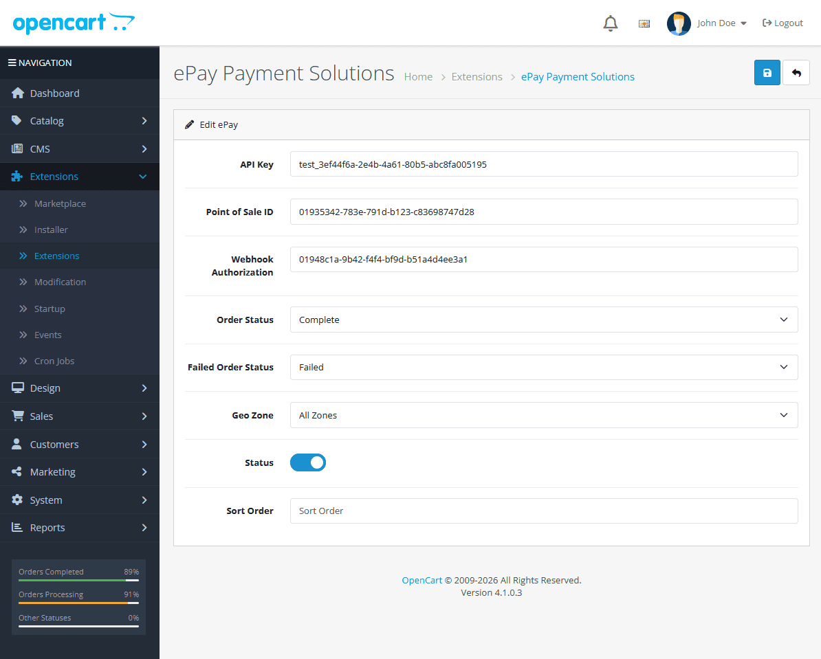 Entering ePay API key, Point of Sale ID and webhook credentials in OpenCart