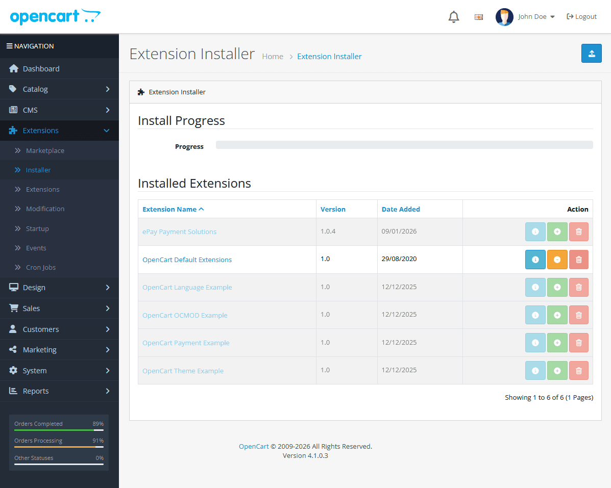 Installing the ePay OpenCart module from the Installed Extensions list