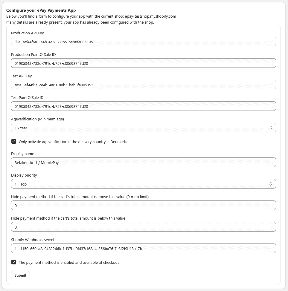 Shopify app settings