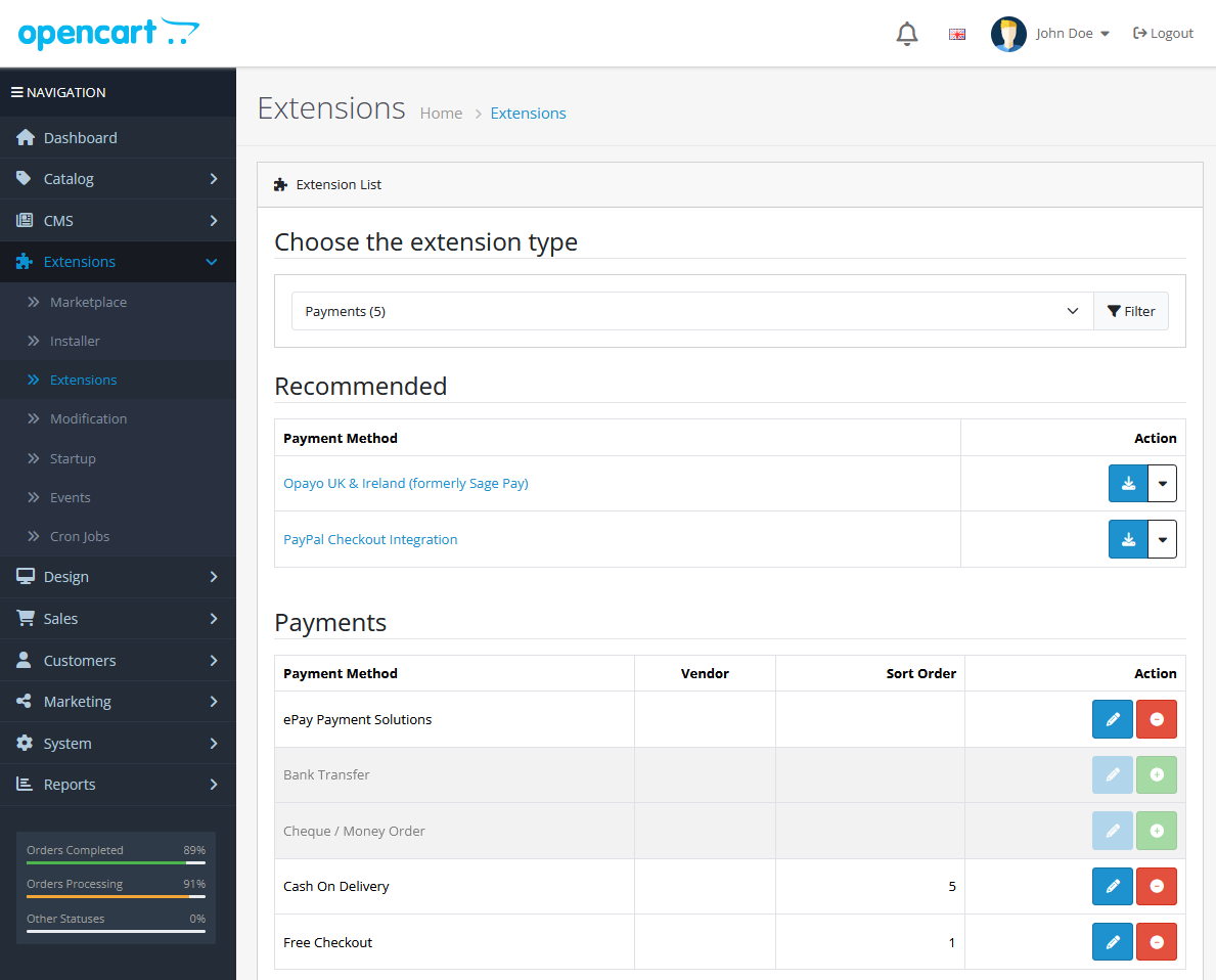 Editing the ePay payment method settings in OpenCart