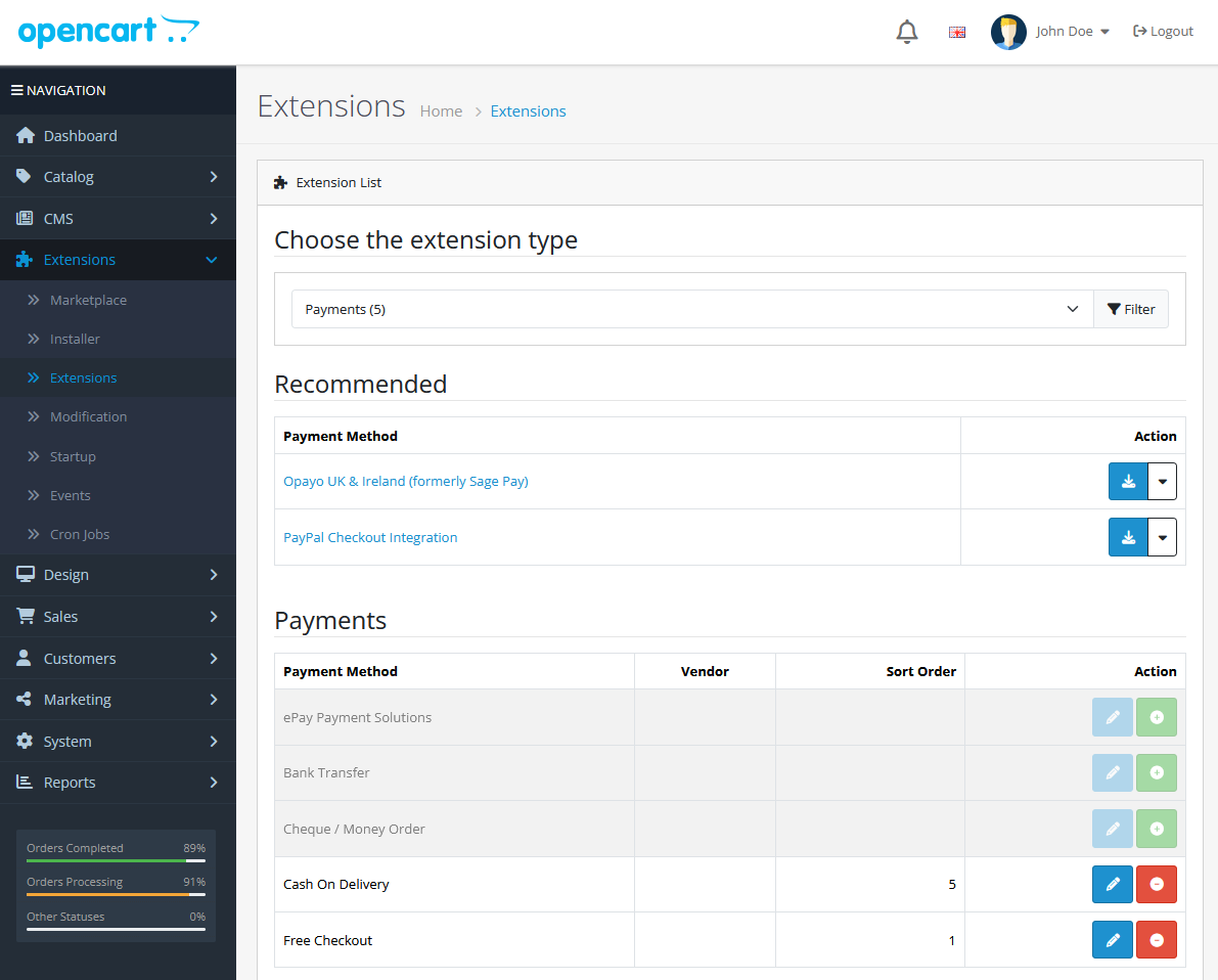 Activating ePay Payment Solutions under OpenCart payment extensions