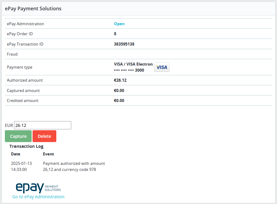 Enter the amount you want to capture, and press the 'Capture' button