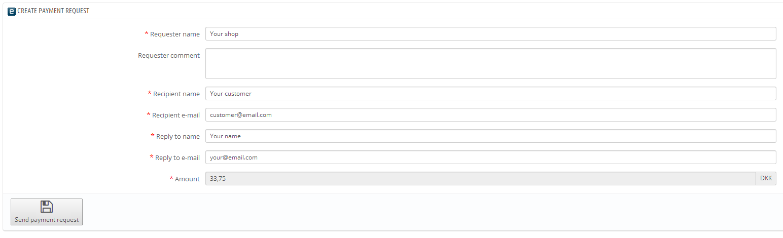 Information on the recipient and the requester. Press 'Send payment requst' to send it