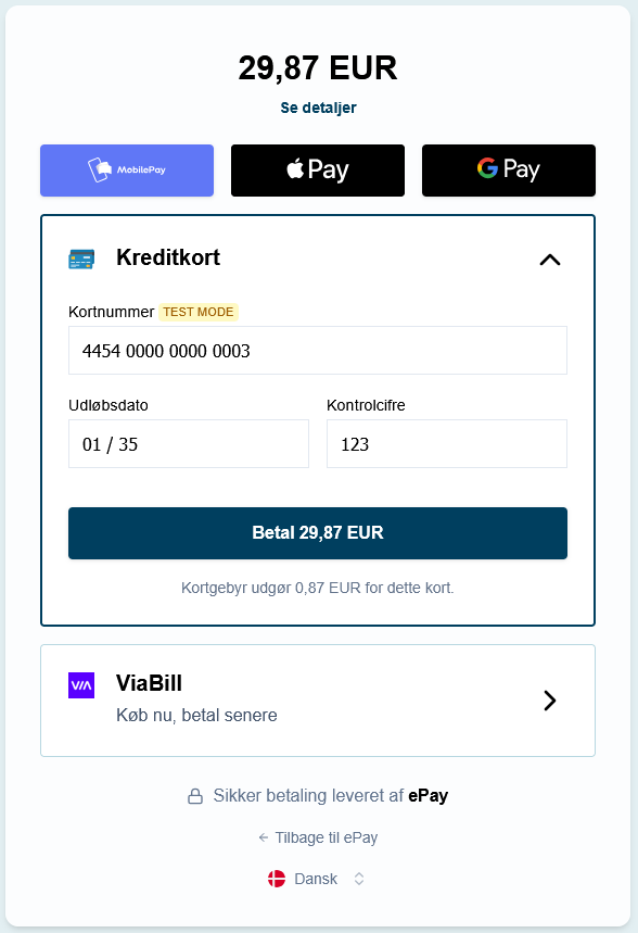 The overlay version of ePay's payment window