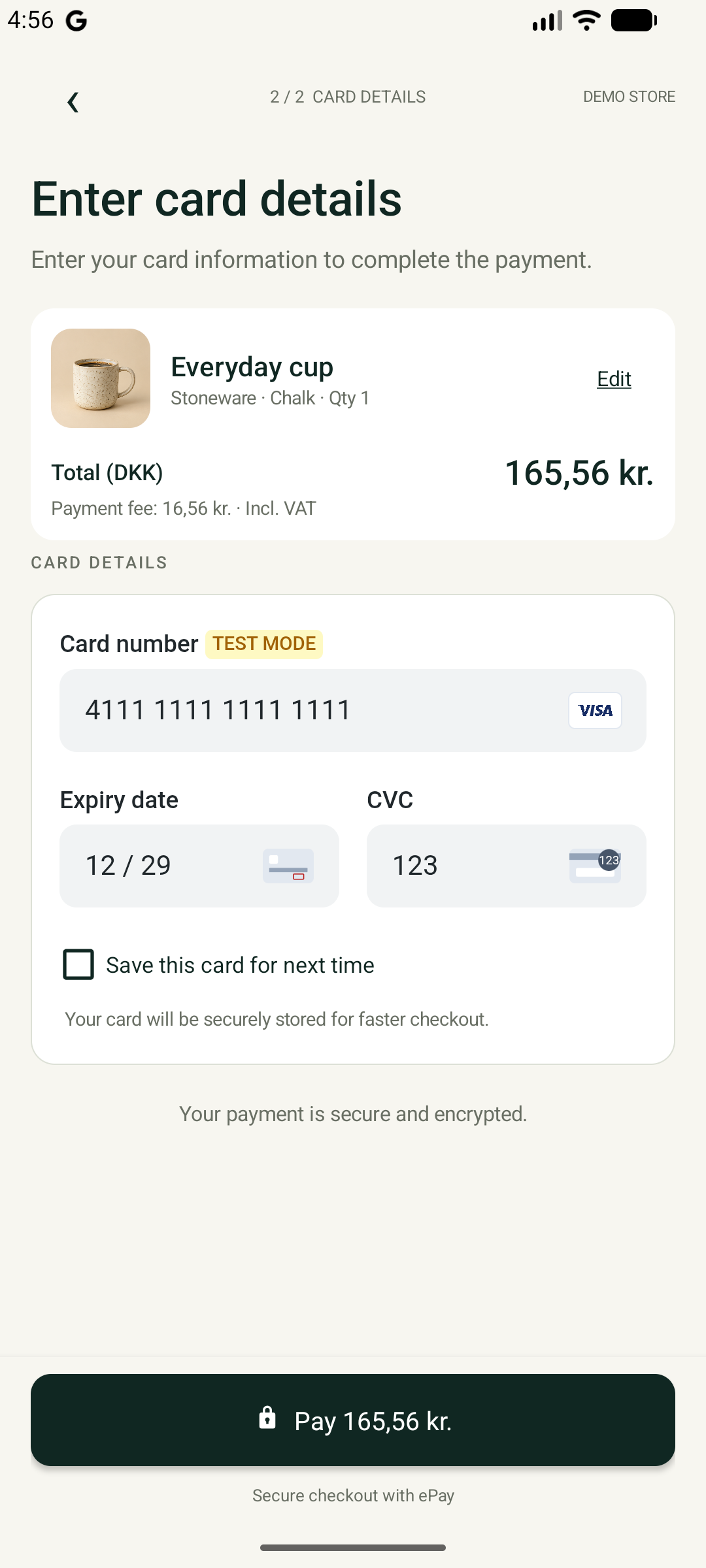 Completed test card fields with an enabled pay button