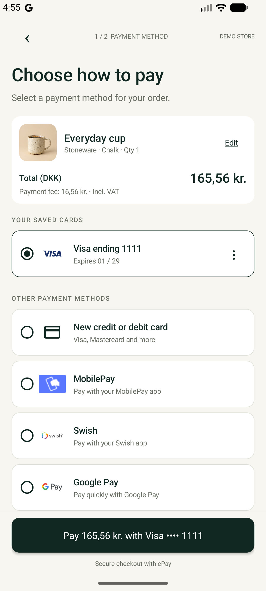 Demo checkout with payment methods and an order total